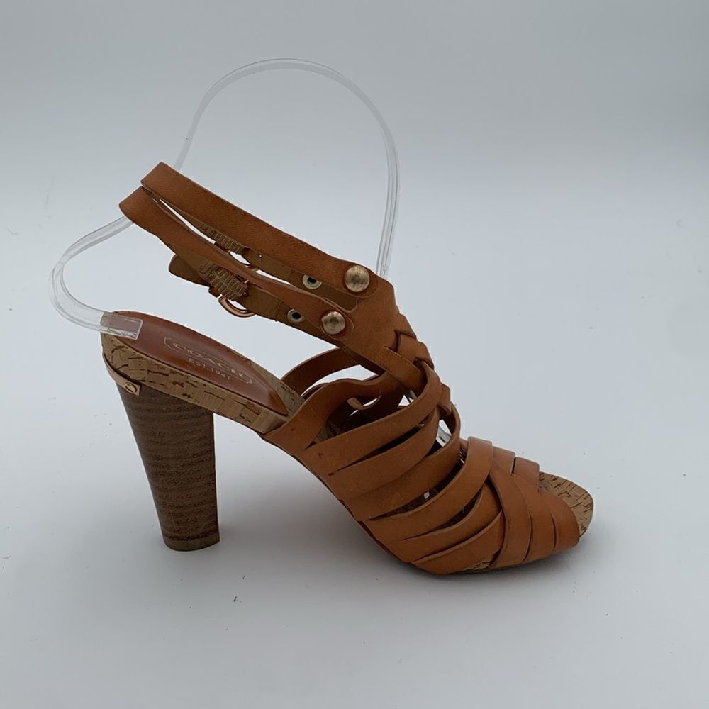 Coach brown leather basket weave heels stacked wooden heels women’s 5.5 B - Picture 4 of 12